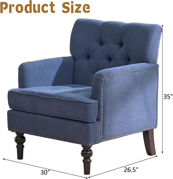 Mid Century Modern Accent Chair Corduroy Upholstered Armchair Tufted Club Chair with Solid Wood Legs Comfy Single Sofa Reading Chair for Living Room Bedroom Office (Blue)