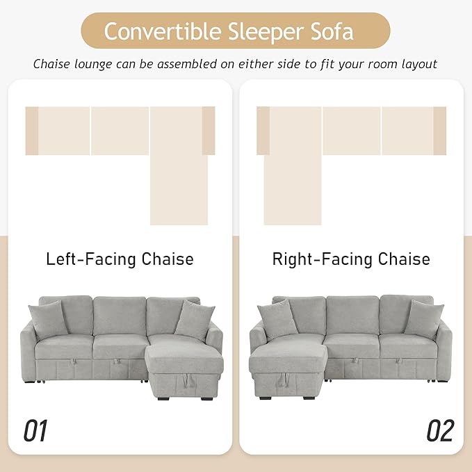 90 L-Shaped Sectional Sleeper Sofa with Reversible Storage Chaise Warp-Knitted Fabric Upholstered Modular Couch with Drop-Down Center Back Cushion with Dual Cup Holders for Living Room (Grey-10)