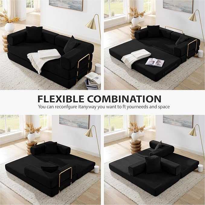 4-in-1 Folding Convertible Sofa Bed 78 Inch Boneless Couch with Fixed-Shape Frame Corduroy Loveseat Sleeper with Pull Out Bed Floor Sofa Modular Futon Couch for Living Room Bedroom Lounge (Black)