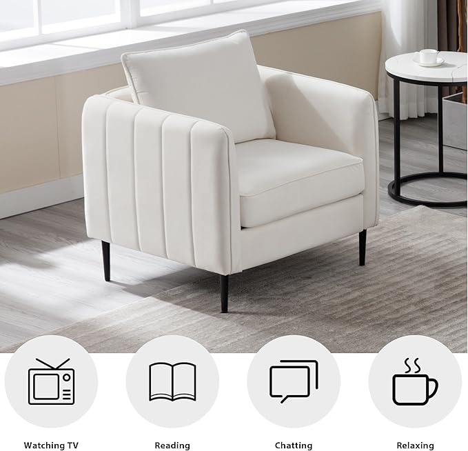 Modern Accent ChairSoft Frosted Velvet Armchair Upholstered Accent Club Chair with Meatl LegsComfy Reading Sofa Chair with Wide Armrestsfor Living RoomBedroomReading Room (Ivory)