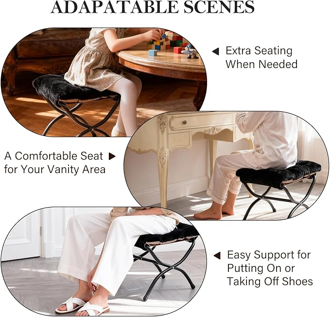 Oversized Folding Faux Fur Chair with Ottoman X-Large Soft Saucer Chair Foldable Metal Frame for Bedroom Living Room Balcony (Black)