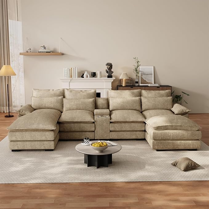 OUYESSIR 135 U Shaped Sectional Cloud CouchBrown Sectional Couches for Living RoomComfy Fluffy Chenille Oversized Cloud CouchModular Sectional Sofa with Central Console &amp Double Chaise Lounge