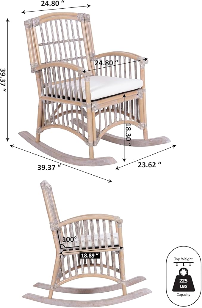 JONATHAN Y RCK200B Swayze Bohemian Farmhouse Woven Rattan/Wood Rocking Chair White Cushion with Gray/White Wash Frame for Home Living Room Bedroom Guestroom Foyer Library