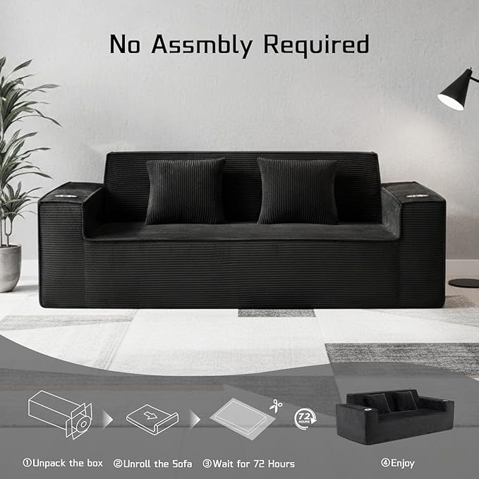 75 Cloud Boneless Loveseat Couch – No Assembly Required Corduroy Sofa with Cup Holders High-Density Memory Foam 3 Seater Comfy Couches for Living Room Bedroom Apartment Black