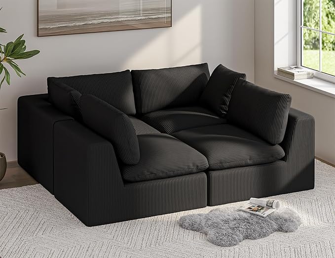 ARSURA 106” Cloud Couch for Living Room | L-Shaped Boneless Couch | Modular Sectional Couch | Corduroy Black