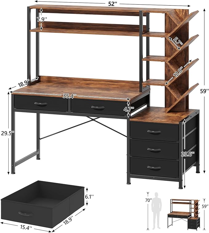 Reversible Computer Desk with Hutch Home Office Desk with 5 Drawers and Bookshelf 52'' Study Writing Desk with Storage Shelves for Bedroom Home Office Rustic Brown