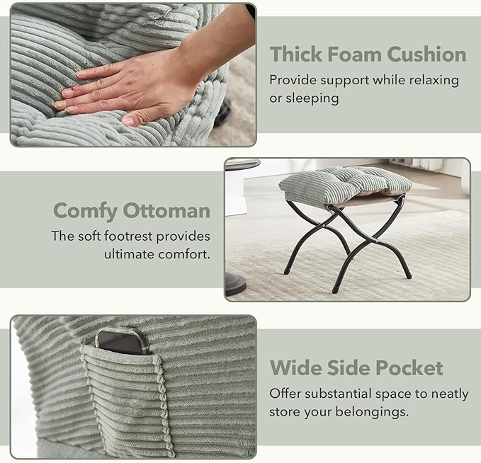 NIOIIKIT Leisure Lazy Chair with Ottoman Corduroy Upholstered Lounge Armchair with Side Pocket Comfy Reading Chair Lazy Sofa Chair for Living Room Bedroom Office (Light Green)