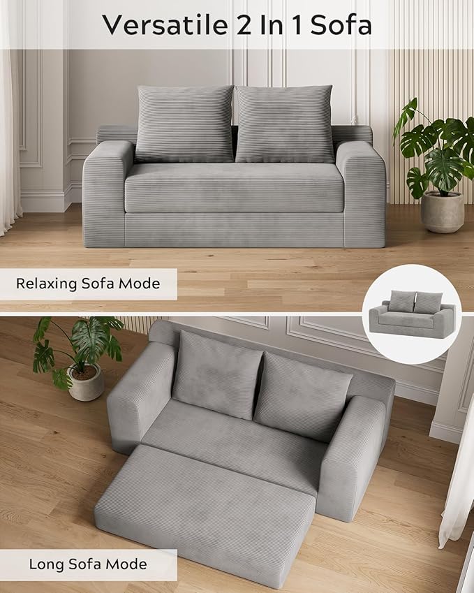 Modern Loveseat Sofa for Living Room 71 Cofy 3-Seater Couch Pull Out Sofa Bed with 2 Pillows Corduroy Boneless Convertible Couch for Small Space Apartment Grey