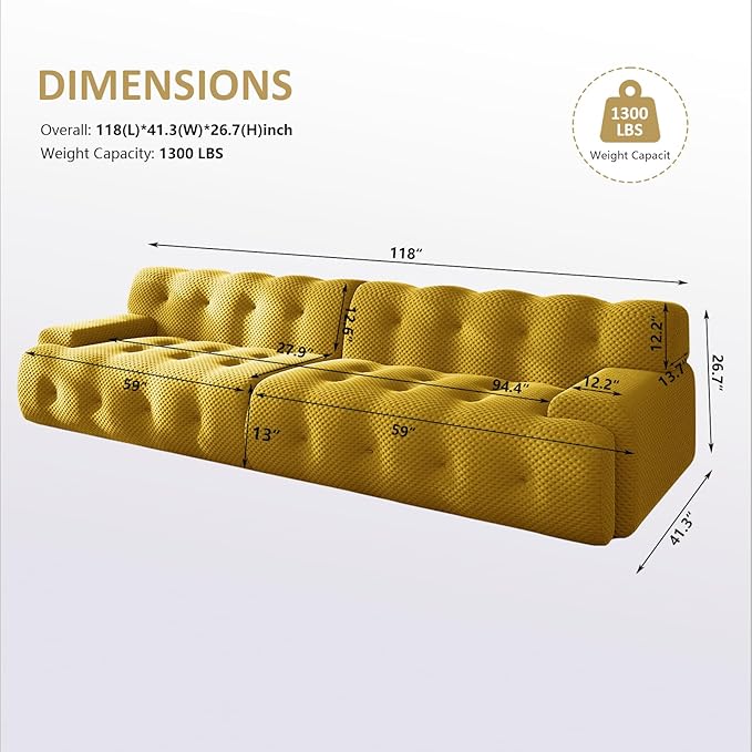 118 Boneless Cloud Sectional Couch4 Seater Modern Modular Sofa with Deep Seat Upholstered Couches with High-Density Foam for Living Room BedroomNo Required(Yellow 4-Seater)