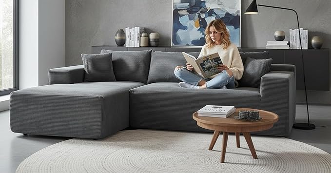 Ridge 2-Piece Convertible Corduroy L-Shaped Sofa in a Box with Pillows 3-Seater Modular Sectional Couch Compressed Living Room Furniture Dark Grey (Left Facing)