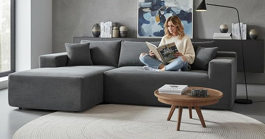 Ridge 2-Piece Convertible Corduroy L-Shaped Sofa in a Box with Pillows 3-Seater Modular Sectional Couch Compressed Living Room Furniture Dark Grey (Left Facing)