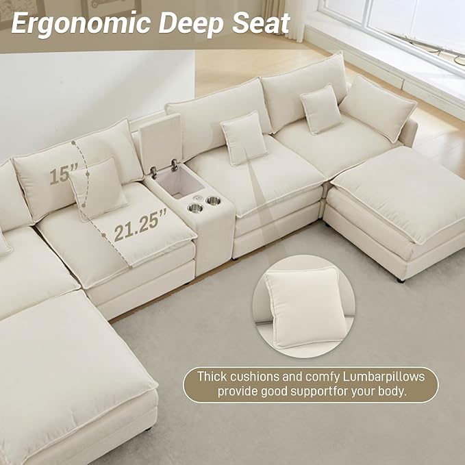 145 Oversized Modular Sectional Sofa U Shaped Cloud Couch 6 Seat Sofa Set for Living Room Comfy Fluffy Chenille Deep Seat with Storage Central Console Movable Ottomans Cup Holders USB Ports White