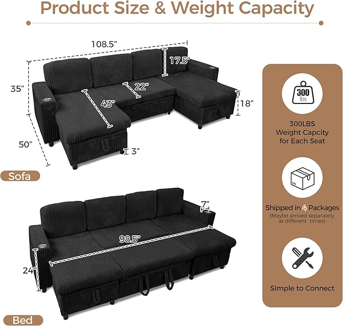 Modular Sectional Sleeper Sofa with Pull Out Bed Plush Corduroy U Shaped Couch with Storage Chaise USB Ports Cup Holders Comfy Cloud Couches for Living Room Black