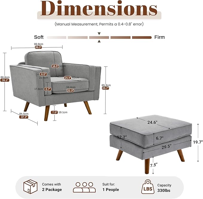Kingfun Modern Accent Chair Sets Living Room Chairs with Ottoman Chenille Reading Armchair Mid Century with Dual-Layer Armrests Solid Wood Frame Easy Assembly for Small Spaces Gray