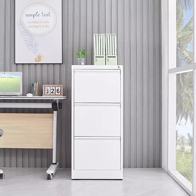 Metal Vertical File Cabinet with 3 Drawers Office Filing Cabinet with Lock for Home Office Heavy Duty Office Storage Cabinet for Legal/Letter/A4/F4 Size (Require Assembly) (White)