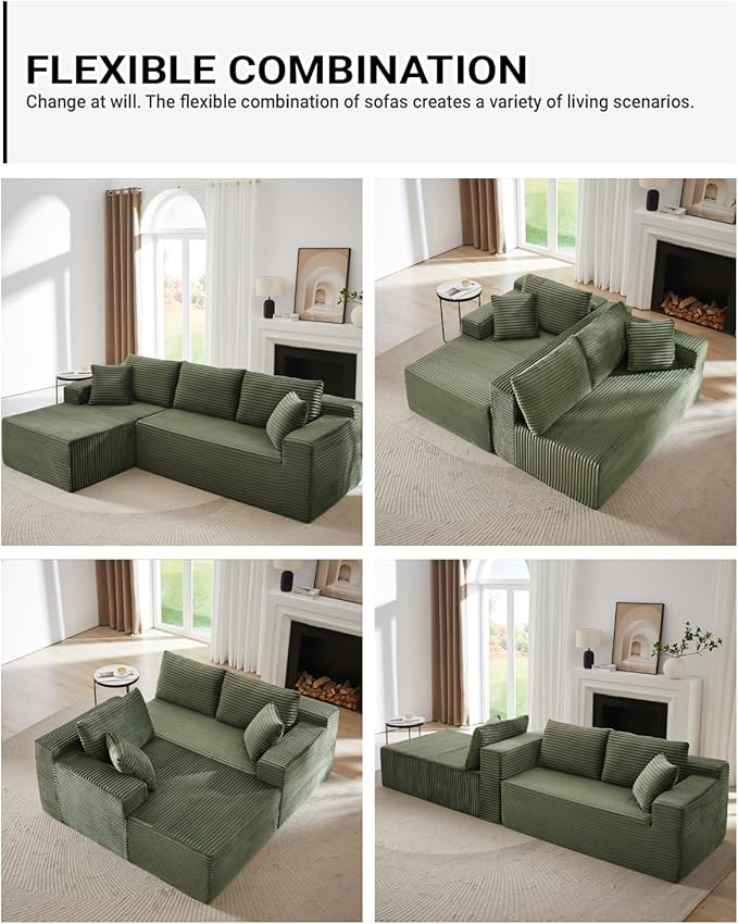 Boneless Couch for Living Room 104 Inch Cloud sectional Couch with Deep Seat Corduroy Modular Sectional Sofa with L-Shape Chaise No Assembly Required (Green Left Facing Chaise)