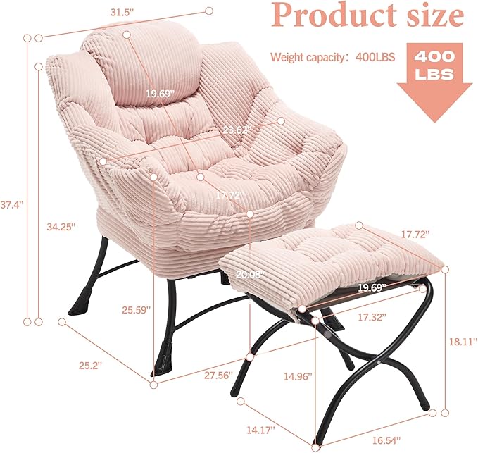 HOMEFUN Lazy Chair with Ottoman Bedroom Chairs for Adults Comfy Reading Chair for Living Room Office Modern Lounge Accent Chair with Armrests Ergonomic Footrest for Small Spaces Pink
