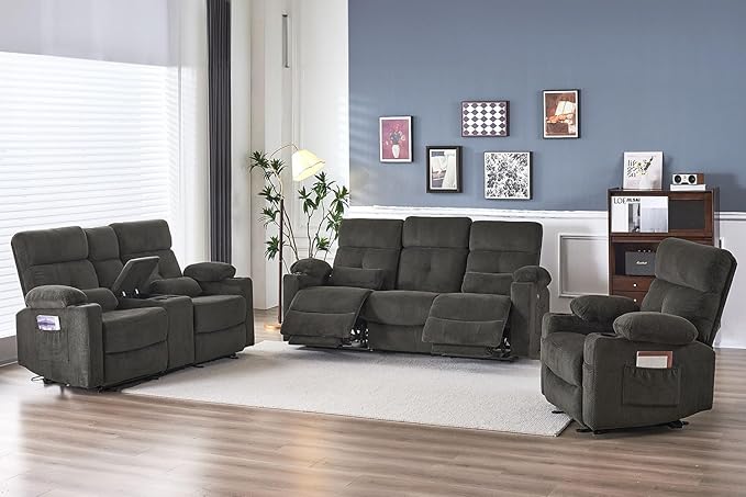 Power Reclining Sofa with Heat and Massage Electric Reclining Couch with Extended Footrest Wall Hugger Recliner Sofa 3 Seater with USB&ampType-c Ports for Living Room Bedroom(Grey)