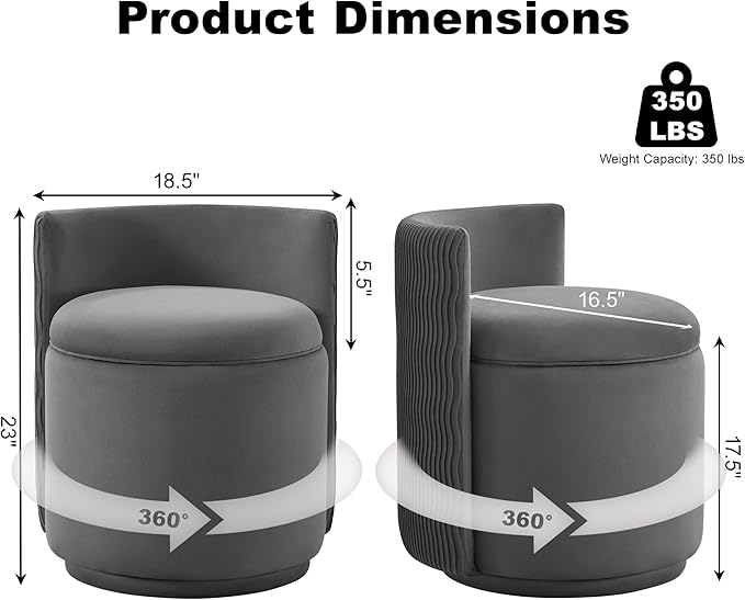 360° Velvet Vanity Chair with Storage Swivel Barrel Makeup Chair No Assembly Wave Back Vanity Stool Small Accent Chair for Living Room Grey