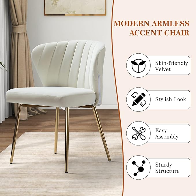 HULALA HOME Velvet Dining Chair Cute Armless Accent Chair Living Room Chair with Golden Legs Mid Century Modern Upholstered Side Chair for Kitchen Vanity Ivory