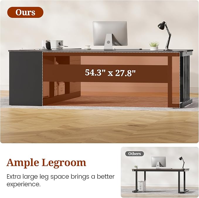 71 Executive Desk Large Office Desk with Drawers &amp Storage Shelves Modern L Shaped Computer Desk Corner Desk with Power Outlets File Cabinet Business Furniture Desk Workstation (Grey)