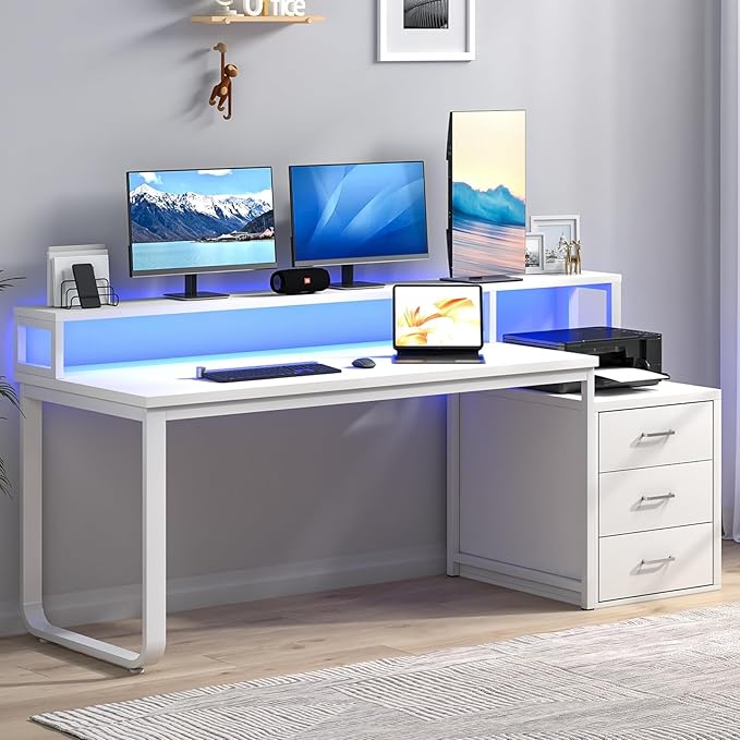 67'' White Desk with Drawers Computer Desk with Printer Shelf Home Office Desk with Moniter Stand and LED Lights White