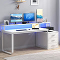 67'' White Desk with Drawers Computer Desk with Printer Shelf Home Office Desk with Moniter Stand and LED Lights White
