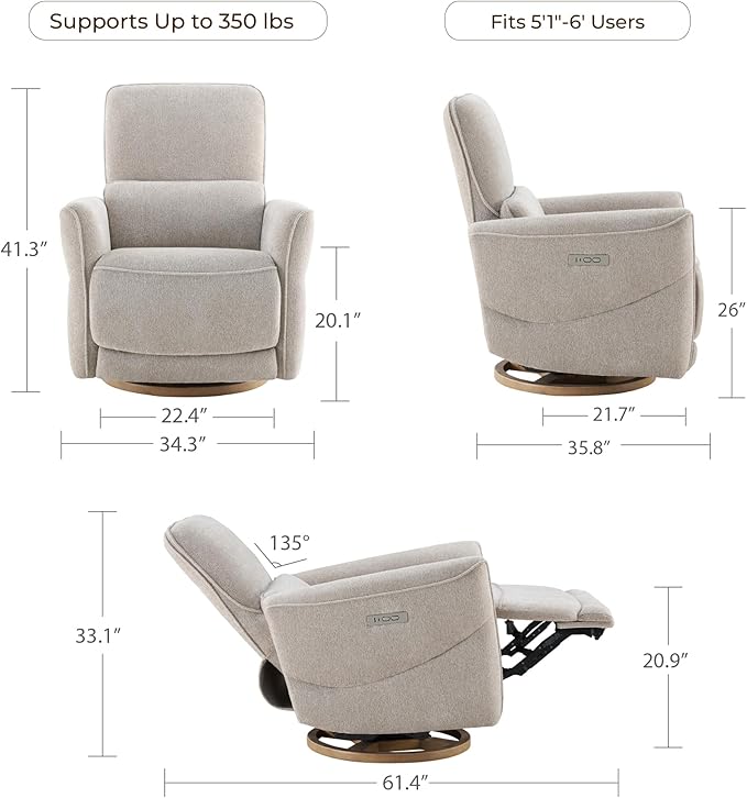 CHITA Power Nursery Rocking Chair Swivel Glider Recliner Chair with Solid Wood Base Bulit-in USB &amp Type-C Charging Ports for Living Room FSC Certified Taupe