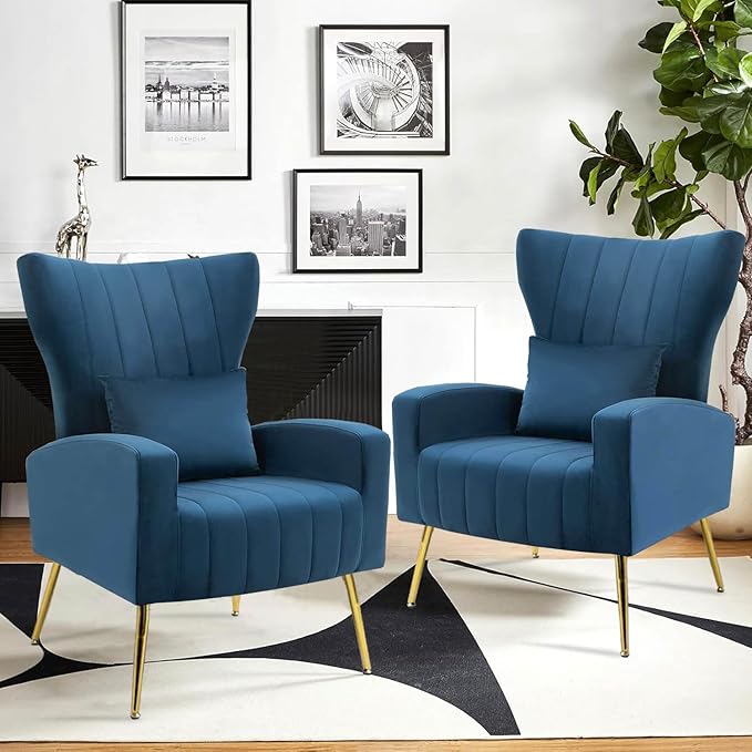 Velvet Accent Arm Chairs with Wingback &amp Lumbar Pillow Modern Armchair for Living Room Bedroom Guest Reception Side Chair for Office Gold Finish Navy Blue