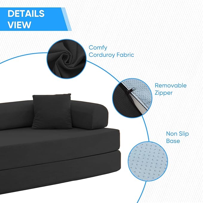 Mjkone 78.7 W Convertible Folding Mattress Couch with Armrest Corduroy Floor Sofa Bed with Metal Fixed-Shape Frame 5-in-1 DIY Futon Lazy Sofa Cama Lounge Couch for Living Room Bedroom Studio Grey