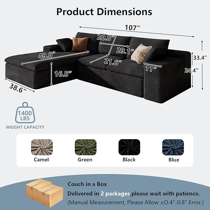 107 Cloud Sectional Couch with L-Shape Chaise Modern Corduroy Viral Boneless Sofa for Living RoomMemory Foam Couches in a Box with Deep SeatNo Assembly Required (BlackLeft-Facing Chaise)
