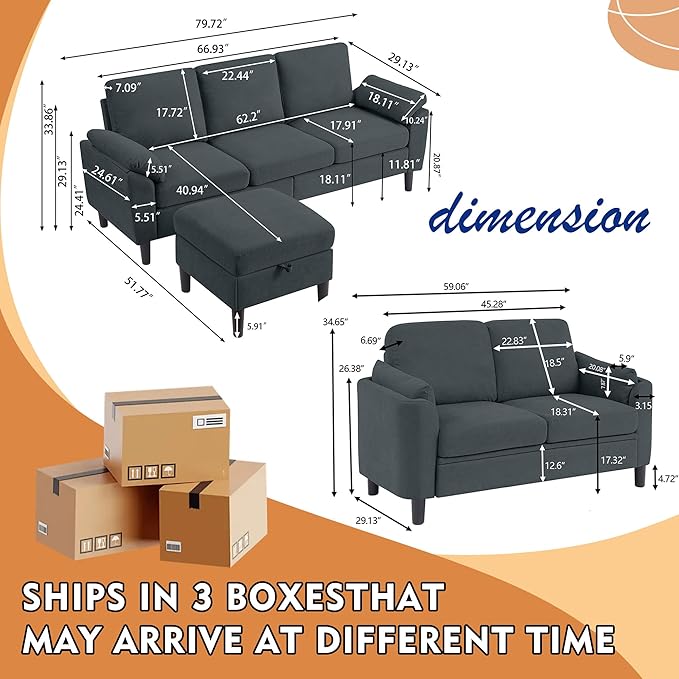 80 Convertible Sectional Sofa Set Modern Linen Small L Shaped Couch with Reversible Chaise and Loveseat Sofa 3-Seat Sofa Couches for Living Room Office Apartment Dark Grey