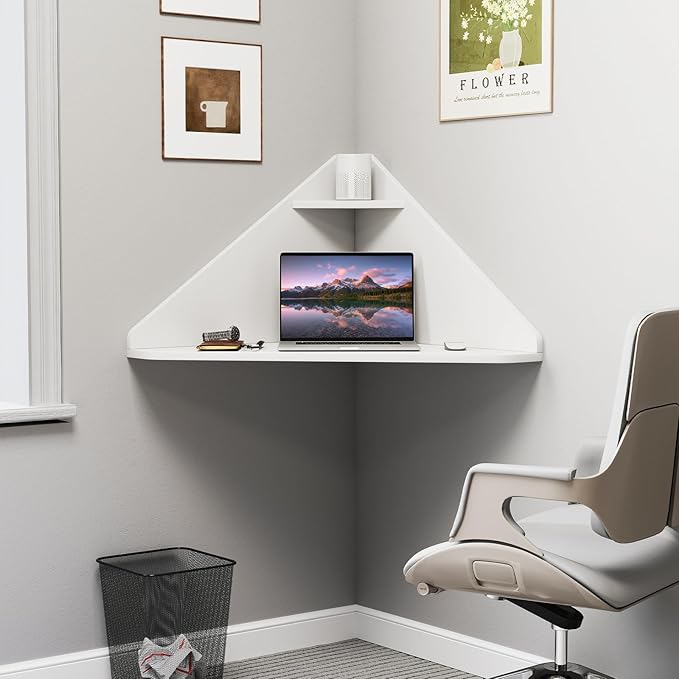 GOFLAME Floating Corner Desk Wall Mounted Triangular Computer Desk w/Storage Shelf Space-Saving Design 90° Wooden Floating Home Office Desk for Writing Working Studying (White)