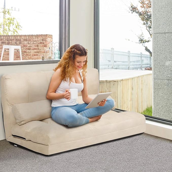 S AFSTAR Safstar Floor Folding Couch and Futon Sofa 6-Position Fabric Sleeper Sofa Bed with 2 Pillows and Sponge Filling Adjustable Lazy Sofa for Living Room and Bedroom(Beige)