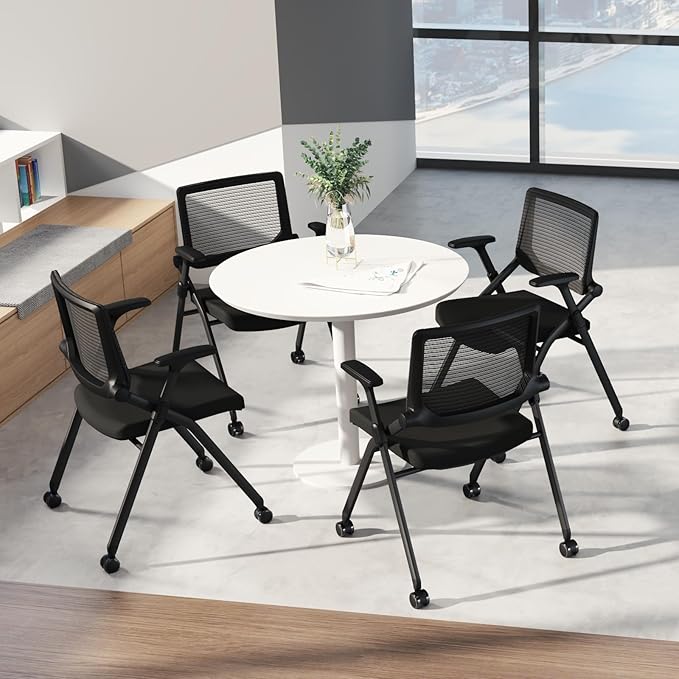 FYLICA Foldable Office Chair with PU Wheels and Smooth Armrest-Ergonomic Mesh Bouncing Back Stackable Conference Room Chair Office Guest &amp Reception &amp Meeting Chair (Black)