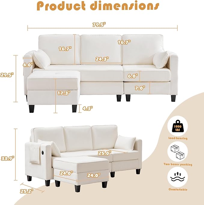 Small Sectional Couches with Storage 80 L Shaped Sectional Couch with Chaise &amp Ottoman Modular Corduroy Chenille Sofa with USB Ports&ampPocket for Living Room Apartment Office (Chenille White)