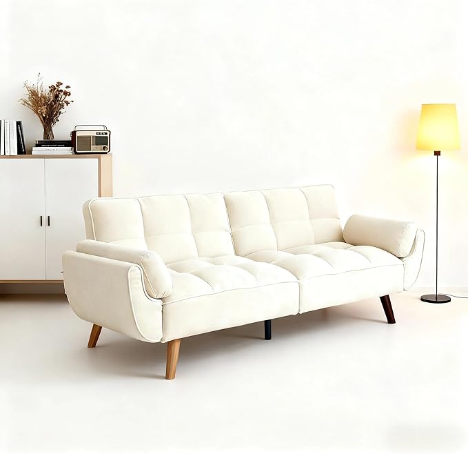 Convertible Futon Sofa Bed Modern Futon Couch with 2 Pillows Small Futons Couch with Adjustable Armrest &amp Backrest Loveseat Sofa Bed for Living Room Bedroom Beige