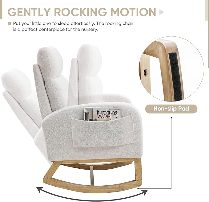 Nursery Rocking Glider Chair Modern Fabric Tall Back Accent Rocker Chair Upholstered Arm Chair w/Side Pockets Modern Leisure Single Sofa for Living Room Hotel Bedroom Office White