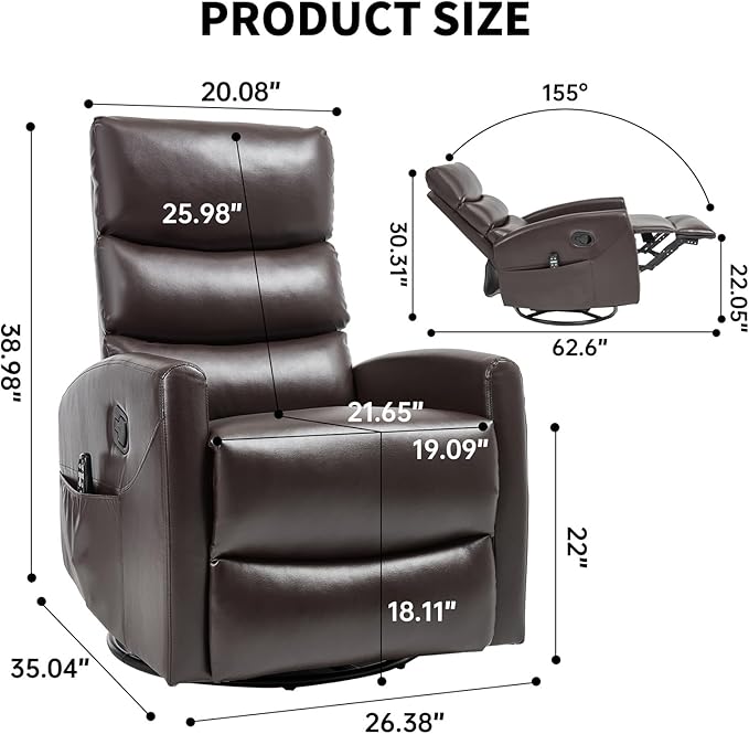 Massage Chair Recliner with Heat Swivel Rocking Chair Recliner with High Back Manual Lazy Boy Recliners for AdultsSmall Recliner Chair for Small Spaces Living Room Bedroom Fabric (Brown)
