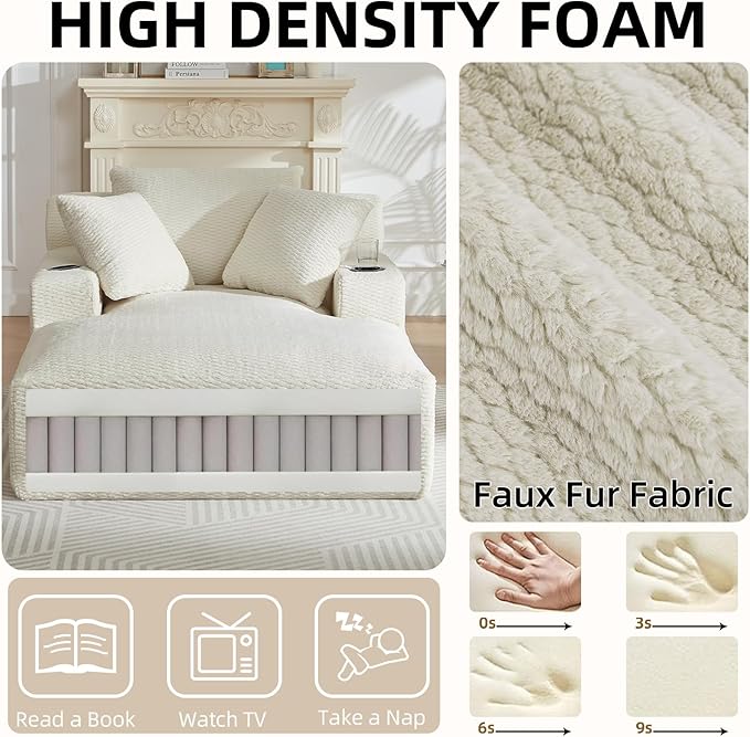 Oversized Chaise Lounge Chair - Upholstered Couch Cloud Boneless ChairDeep Seat Sleeper Sofa with Cup Holders and Side PocketsComfy Reading Chair for Living Room (Cream)