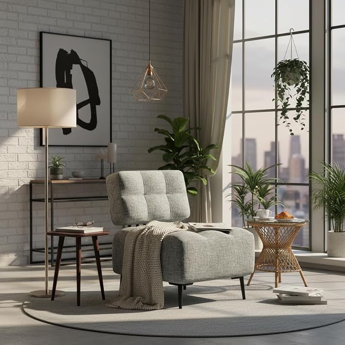 EROMMY Accent Chair Armless Mid Century Modern Chair with Thick Cushion &amp Metal Legs Polyester Leisure Chair Comfy Side Corner Chairs for Living Room Bedroom Study Room Entryway (Grey)