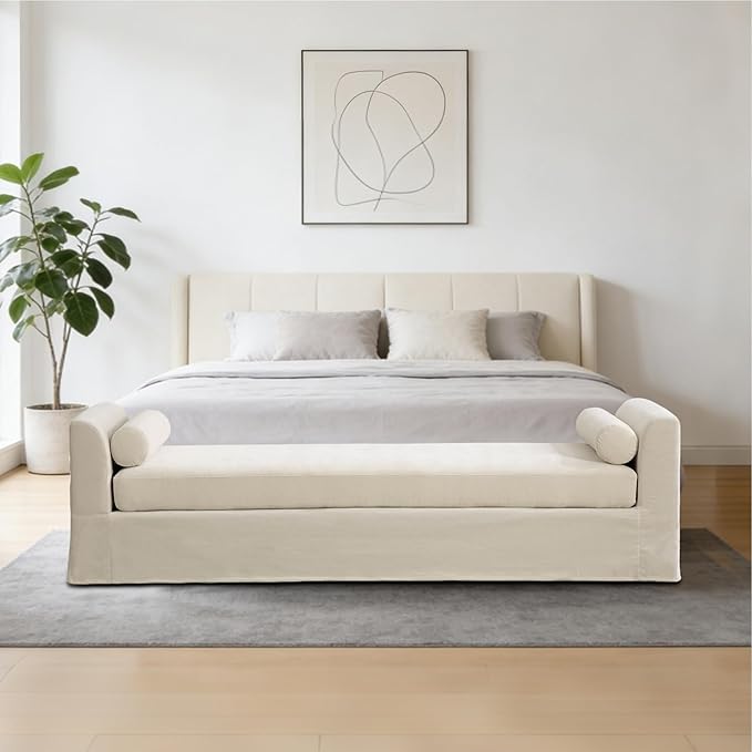Mlmh &amp Kngwa Chaise Lounge Chair Indoor 88.5 Upholstered Oversized End of Bed Bench with 2 Pillows &amp Armrests Comfy Sleeper Couch Daybed Bench for Bedroom Living Room Chenille Beige