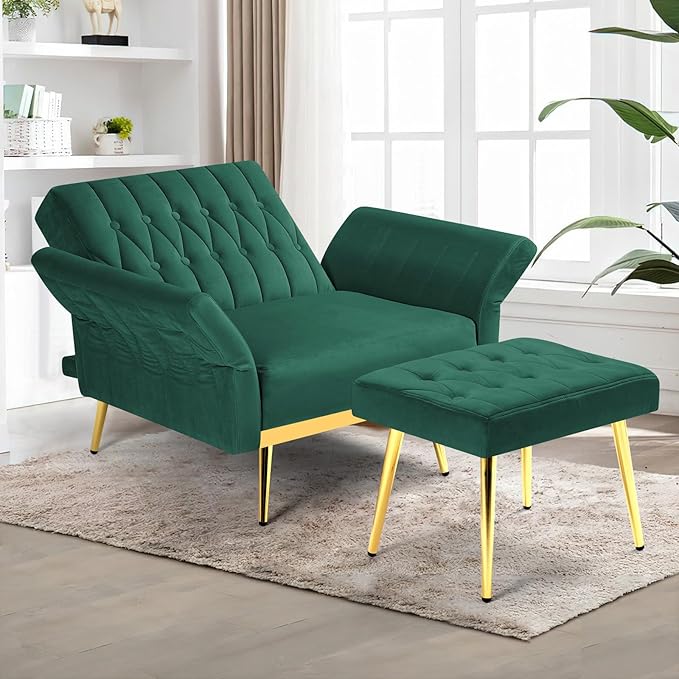 Velvet Accent Chair with Adjustable Backrest and Armrests Single Recliner Armchair with Ottoman and Golden Mental Legs for Living Room Bedroom and Waiting Room Green