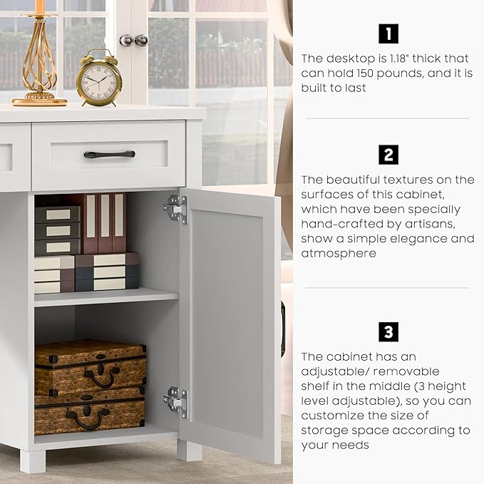 Farmhouse 47 Executive Desk Computer Desk with Drawers and Storage Cabinet Workstation Computer Desk for Home Office Study.Cream White