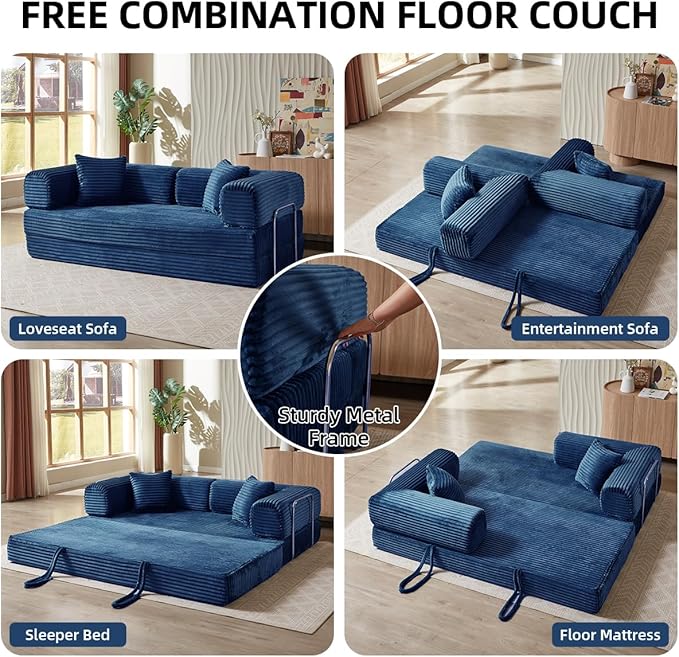 Convertible Folding Sofa BedFold Out Floor Sofa Couch with Fixed-Shape FrameCorduroy Foldable Mattress Cloud Couch for Living Room Bedroom (Blue 81 Inch)