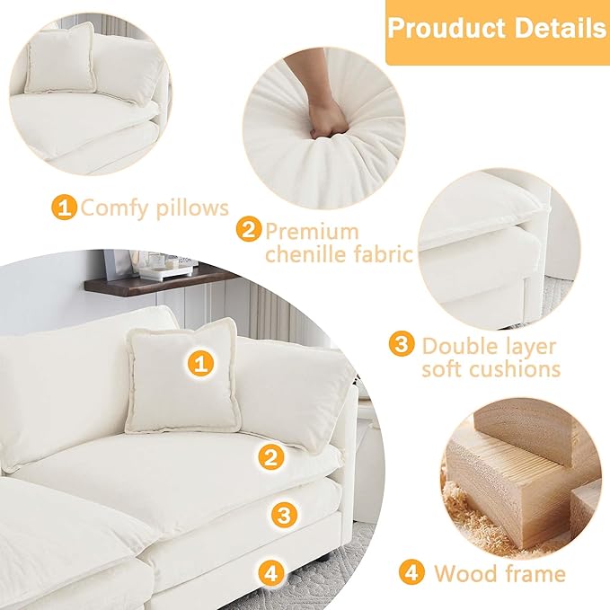 111.5 Sofa Modular Sectional Cloud Couch 3-Seat Chenille Deep Seat Sofa with Pillow for Living Room Bedroom and Apartment Beige