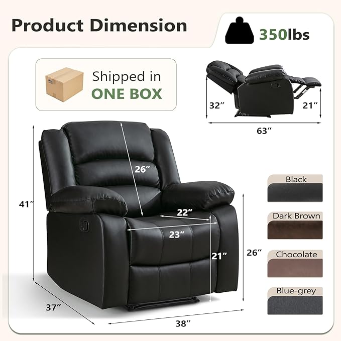 ANJ Black Recliner Chair Set of 2 with Overstuffed Arm and Back Breathable Faux Leather Manual Reclining Chairs Living Room Single Sofa Recliners