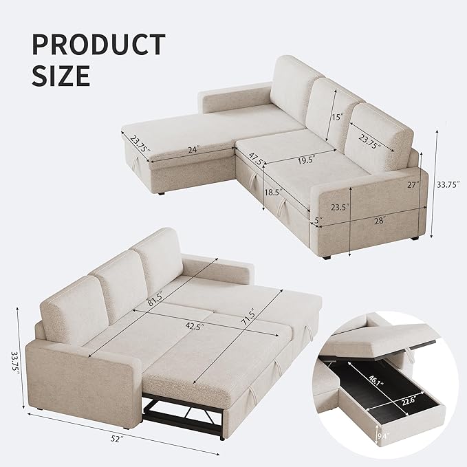 81 inch 3-seat Convertible L Shaped Sleeper Sofa Pull Out Sectional Couch with Storage Chaise &amp Removable Cushions Modern Furniture for Small Living Room Apartment Loft Beige