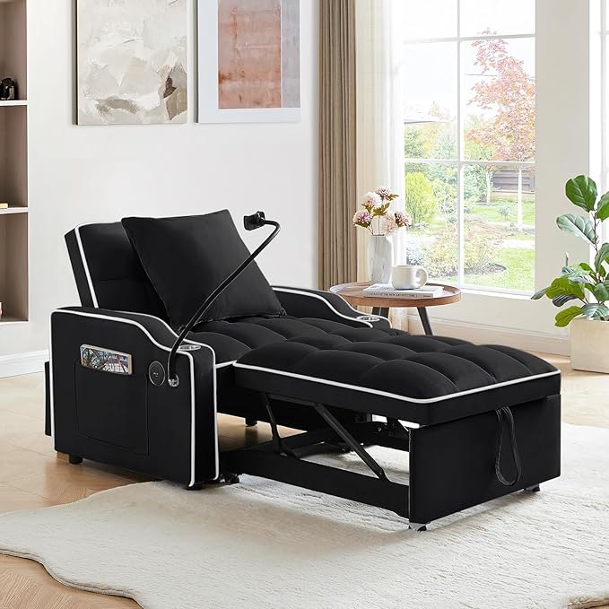 KINFFICT Sleeper Sofa Chair Bed Convertible 3-in-1 Sofa Armchair Adjustable Sleeper Chairs with Pullout Bed Single Lounger Futon with Side Pockets for Living Room (Black)