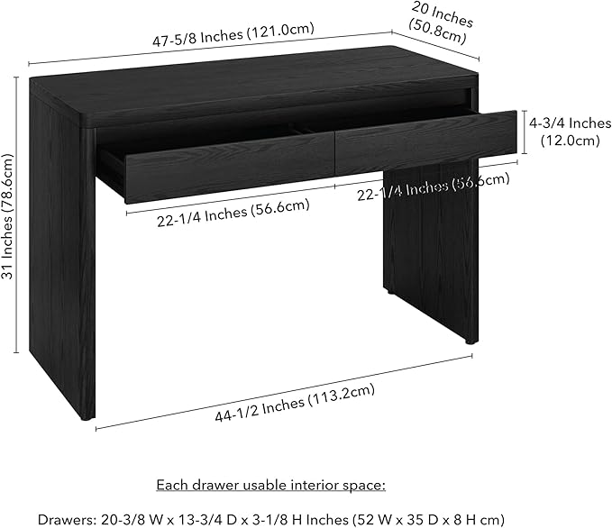 Henn&ampHart 48 Modern Rectangular Wooden Home Office Desk Computer Desk Writing Table with 2 Storage Drawers for Home Office Natural Black